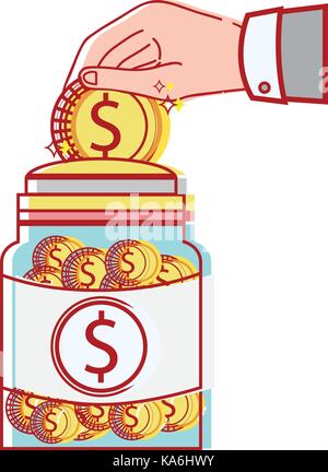 Imprenditore risparmio di mano la moneta nel vasetto di vetro Illustrazione Vettoriale