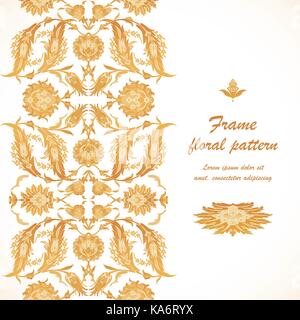 Arabesque arredamento vintage ornato modello per modello di disegno vettoriale. Motivo orientale. Orientale floreale confine con posto per il testo. Oro bianco fiori per s Illustrazione Vettoriale