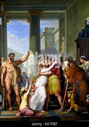 Hercules portando un rianimati Alcestis al marito Admetus, 1817-1829 affresco di Pietro Benvenuti (1769-1844). Hercules camera, Galleria Palatina di Palazzo Pitti, Firenze. L'Italia, xix secolo. ( Hercules è un eroe romano e Dio. Egli era equivalente del divino greco eroe Eracle, che era il figlio di Zeus (equivalente romana Giove) e il mortale Alcmene. Nella mitologia classica, Hercules è famoso per la sua forza e per le sue numerose vasto avventure.) Foto Stock