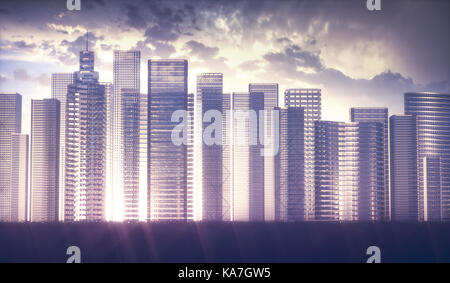 3d illustrazione. futuristico immagine concettuale. strutture di edifici in vetro con il tramonto in background. Foto Stock