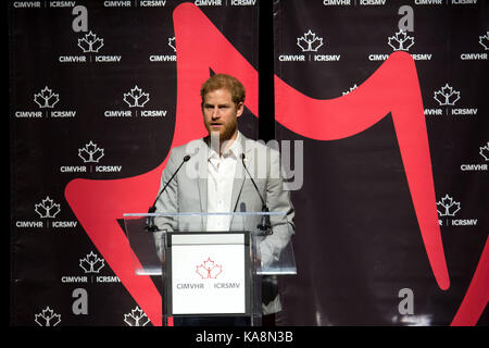 Il principe Harry parlando all'istituto canadese per militari e il veterano la ricerca sanitaria (cimvhr) conferenza presso il centro beanfield a Toronto in Canada. Foto Stock