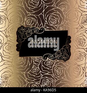 Sfondo astratto con rose, lusso nero e oro telaio vintage, Vittoriano banner damasco, carta da parati floreale di ornamenti, invito, barocco sty Illustrazione Vettoriale