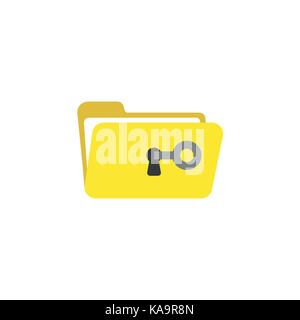 Design piatto stile illustrazione vettoriale nozione di tasto grigio sbloccare o aprire la cartella gialla icona simbolo di toppa di chiave su sfondo bianco. Illustrazione Vettoriale