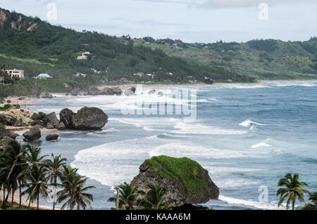 Bello e robusto Bathsheba Beach - soprannominato anche come 'Soup Bowl'- sulla costa est di Barbados Foto Stock