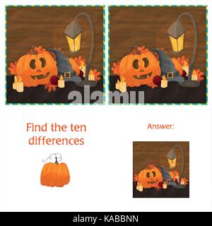 Trovare le dieci differenze tra le due immagini con zucche di Halloween Illustrazione Vettoriale