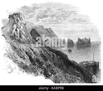 1870: gli aghi è una fila di tre distintive di pile di gesso che alzarsi di circa 100 piedi al di fuori del mare di estremità occidentale dell'Isola di Wight, Regno Unito, vicino alla baia di allume e in parte di Totland, Isola di Wight in Inghilterra. Foto Stock