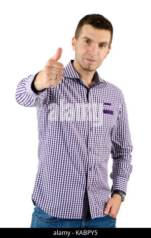 Uomo sorridente in camicia a scacchi con il pollice isolati su sfondo bianco Foto Stock