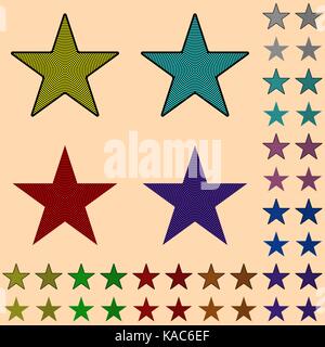Star, nero star collection con strisce colorate partendo dal centro, figura geometrica a forma di stella Illustrazione Vettoriale