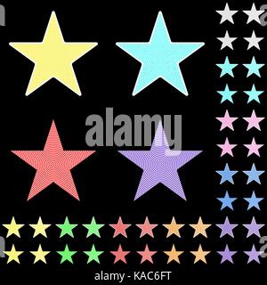 Star, White Star collection con strisce colorate partendo dal centro, figura geometrica a forma di stella sullo sfondo nero Illustrazione Vettoriale