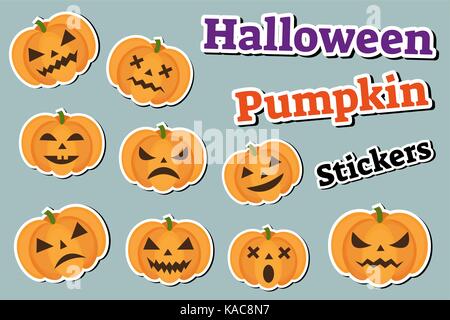 Zucca di Halloween set di adesivi gli Emoji, patch scudetti. scary emoticon con zucche. illustrazione vettoriale. Illustrazione Vettoriale