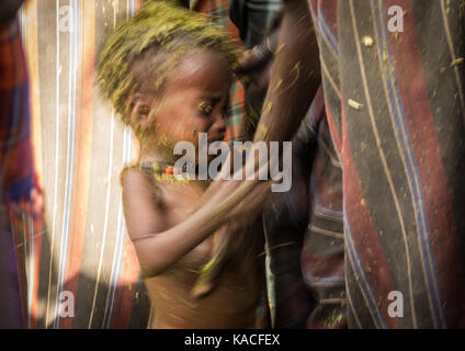 Il sacrificio di vacca durante Dassanech orgoglioso Ox celebrazione, Salheng,Turkana County, Omorate, Etiopia Foto Stock