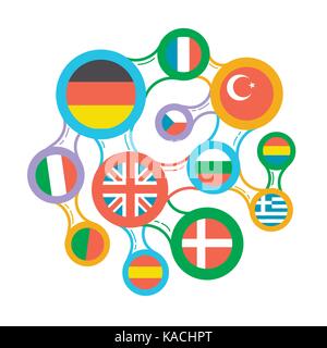 Concetto di apprendimento delle lingue in forma interrelate bandiere di paesi diversi come un simbolo della traduzione e della comunicazione in lingue diverse Illustrazione Vettoriale