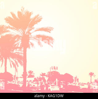 Sfondo retrò con edifici e palme nella città di Dubai, Emirati arabi uniti. concetto di viaggio. Foto Stock