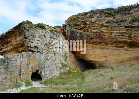 Le grotte di roccia sedimentaria a clashach cove Foto Stock