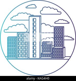 La costruzione della città nella cornice circolare con il cloud in orizzontale sul gradiente silhouette di colore dal blu al viola Illustrazione Vettoriale
