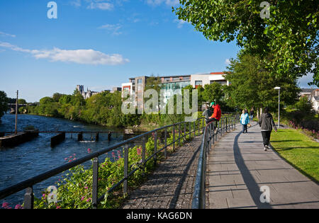 Percorso a piedi accanto al fiume Corrib, Galway, nella contea di Galway, Irlanda Foto Stock