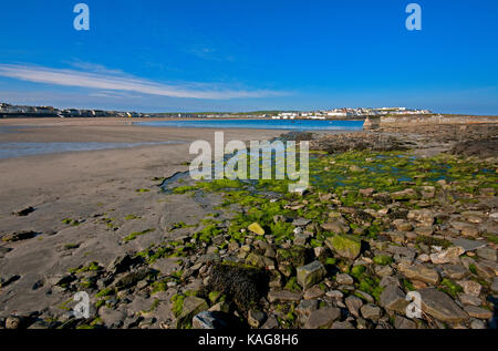 Lungo la spiaggia con la bassa marea a Kilkee, County Clare, Irlanda Foto Stock