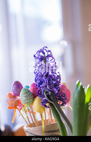 Giacinto viola fiore e un colorato pasqua glittery uova in plastica Foto Stock