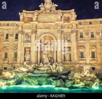 Vista notturna di acqua, statue e rocce artificiali in architettura di fontana romana Foto Stock