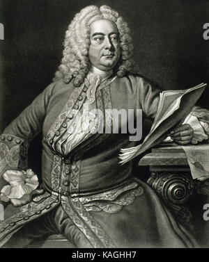 George Frideric Handel (1685-1759). Tedesco, più tardi British, compositore barocco. Ritratto. Incisione. Ispirato a un ritratto di Thomas Hudson in 1749. Foto Stock