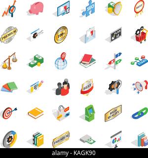 Etichetta di set di icone, stile isometrico Illustrazione Vettoriale