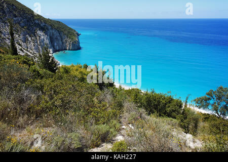 Costa rocciosa di milos beach, LEFKADA, ISOLE IONIE, Grecia Foto Stock