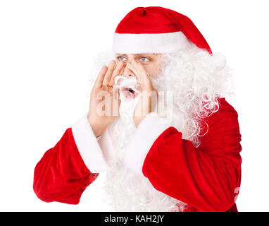 Santa Claus forte urlando chiama qualcuno isolato su sfondo bianco Foto Stock