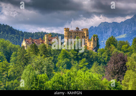Castello di Hohenschwangau, foresta di fronte, montagne sul retro, Schwangau, Ostallgäu, Allgäu, Svevia, Baviera, Germania Foto Stock