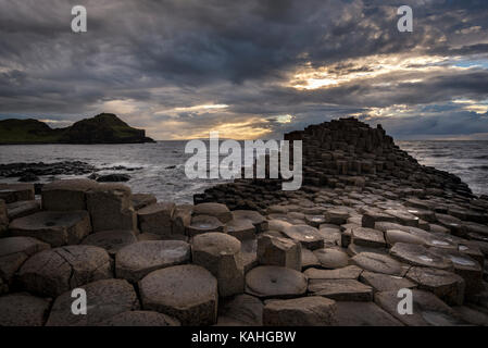 Colonne di basalto della costa al tramonto, Giant's Causeway, County Antrim, Irlanda del Nord, Regno Unito Foto Stock