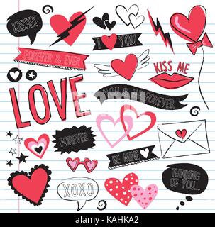 Amore doodles (vettore). Coloratissimi scarabei con parole d'amore, cuori e baci. Perfetto per San Valentino. Illustrazione Vettoriale