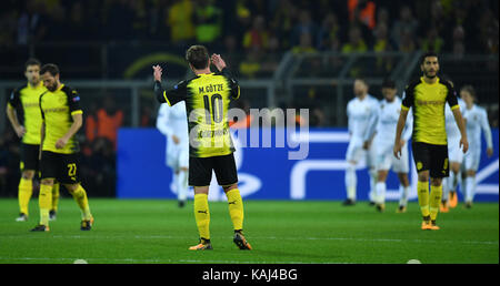 Dortmund's mario goetze reagisce durante la UEFA Champions League football match tra Borussia Dortmund e real madrid al segnale-iduna park a Dortmund, Germania, il 26 settembre 2017. foto: bernd thissen/dpa Foto Stock