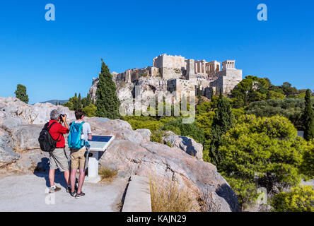 Acropoli di Atene. Vista dell'Acropoli dal areopago Hill, Atene, Grecia Foto Stock