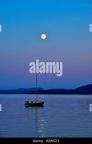 Un'immagine verticale di una imbarcazione a vela è ora di prepararsi a passare la notte sotto una luna piena sull'acqua a punto giallo sull'Isola di Vancouver British Columbia, Foto Stock