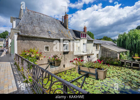 Francia, Indre-et-Loire department, Touraine, idilliaco la Roumer canal che attraversano la città antica di Langeais Foto Stock