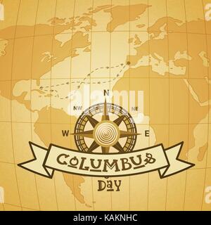 Felice il Columbus day national usa holiday greeting card con la bussola sulla mappa del mondo Illustrazione Vettoriale