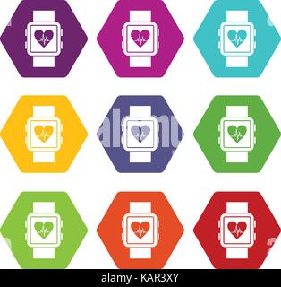 Smartwatch icon set hexahedron colore Illustrazione Vettoriale