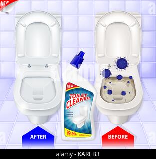 Wc gel detergente per annunci, vista dall'alto del wc, effetto detergente prima e dopo, 3d illustrazione vettoriale Illustrazione Vettoriale