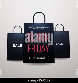 Venerdì nero vendita nero tre sacchetti di carta per lo shopping con la vendita di iscrizione e venerdì nero sono su sfondo bianco modello per i poster, ba Illustrazione Vettoriale