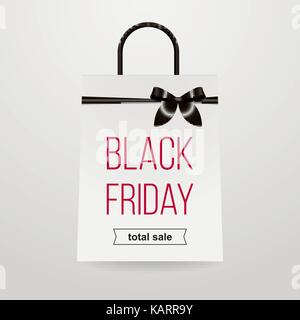 Venerdì nero vendita libro bianco borsa per lo shopping con prua nera con la scritta venerdì nero e vendita totale su uno sfondo bianco modello per il Illustrazione Vettoriale