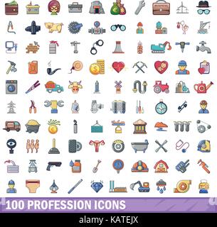 100 professione set di icone, stile cartoon Illustrazione Vettoriale