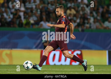 Lisbona, Portogallo. 27Sep, 2017. barcelona"s defender jordi alba dalla Spagna durante il match tra sporting cp v fc barcelona uefa champions league match di spareggio a estadio jose alvalade il 27 settembre 2017 a Lisbona, Portogallo. Credito: bruno barros/alamy live news Foto Stock