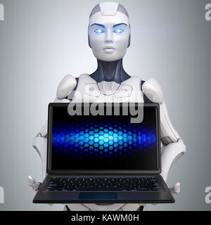 Robot in possesso di un computer portatile. 3d illustrazione Foto Stock