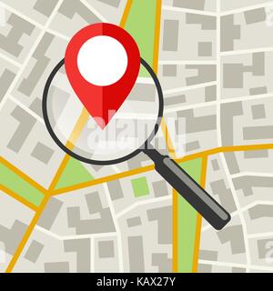 Mappa della città con lente di ingrandimento Illustrazione Vettoriale