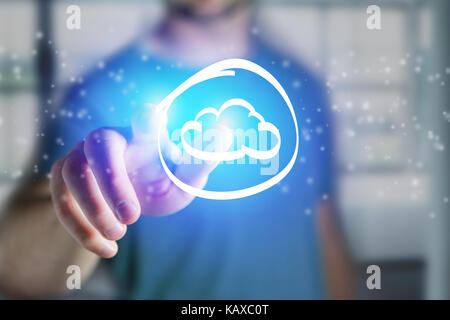 Vista di un uomo di toccare un'icona a forma di nuvola su una interfaccia futuristica - concetto di tecnologia Foto Stock