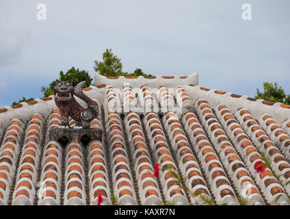 Shisa lion sulla cima di piastrella tradizionale tetto per proteggere la casa dai cattivi spiriti, isole yaeyama, Isola di Taketomi, Giappone Foto Stock