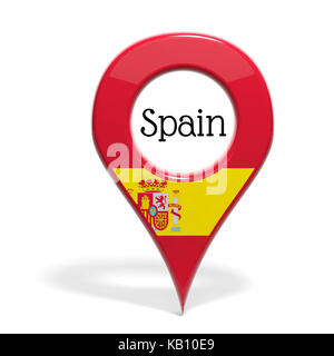 3d individuare con la bandiera della Spagna isolato su bianco Foto Stock