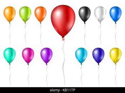 Colorate mongolfiere realistico isolato su sfondo bianco con stringhe, set di floating gioiosa palloncini. Illustrazione Vettoriale