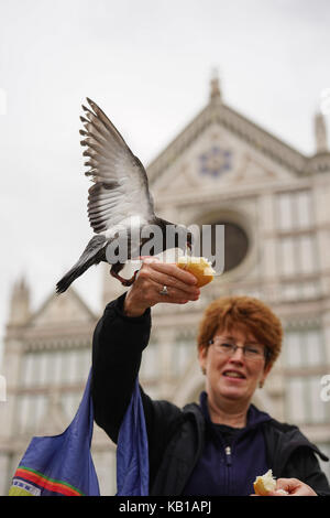 Un turista alimentando un piccione a Firenze in Italia da una serie di foto di viaggio in Italia. photo Data: lunedì, 18 settembre 2017. Foto di credito dovrebbe Foto Stock