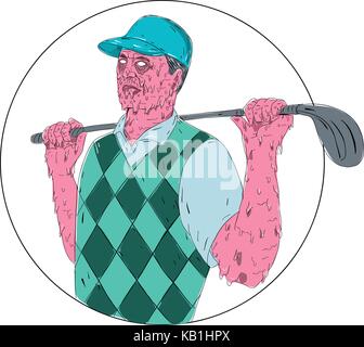 Sporcizia di stile arte illustrazione di un golfista indossa vest holding golf club sulla spalla insieme all'interno del cerchio su sfondo isolato. Illustrazione Vettoriale