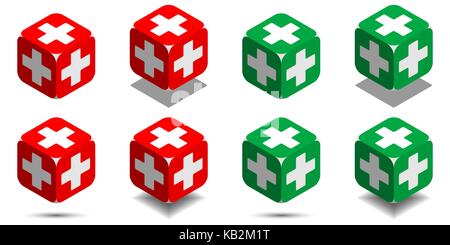 Cubo con croce medica nei colori rosso e verde, cubo isometrica della salute con bianca croce medica sui lati, icona del vettore di medicin cube Illustrazione Vettoriale